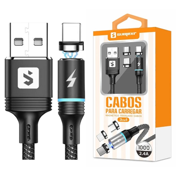 Cabo 3 em 1 Magnético Trançado - Compatível com USB-C, Lightning e Micro USB